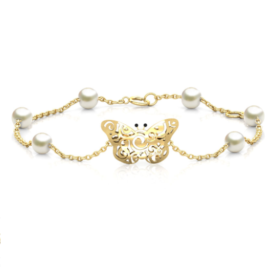 Butterfly Yellow Gold Pearl Bracelet